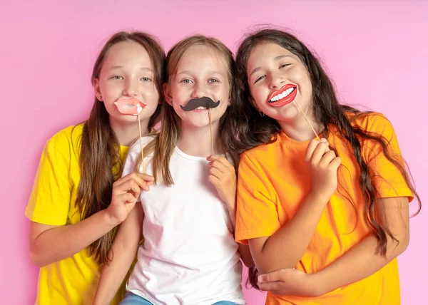 Happy Children Hold Fake Mustache Lips Pink Background Beauty Salon — Stock Photo, Image
