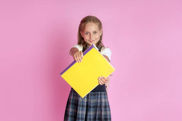 Charming Girl Blond Hair School Uniform Book Her Hands Pink — Stock Photo, Image