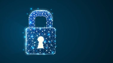 Locked padlock with long light shadow from the keyhole. Raster illustration consisting of points, lines, and shapes in the form of planets, stars, and the universe.