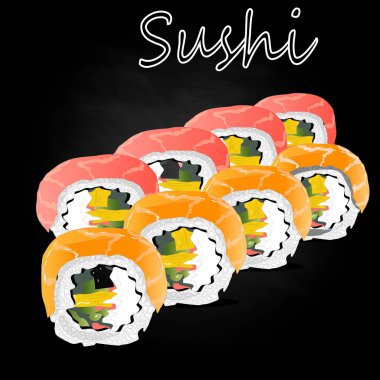 Nigiri suşi illüstrasyon izole koyu arka plan üzerinde. 