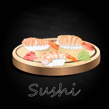 Suşi çeşitli izole ahşap Resepsiyon siyah arka plan üzerinde hizmet.