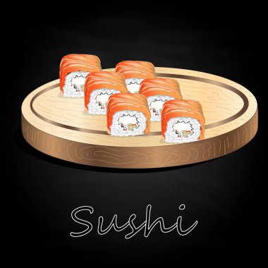 Suşi çeşitli izole ahşap Resepsiyon siyah arka plan üzerinde hizmet.