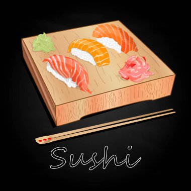Suşi çeşitli izole ahşap Resepsiyon siyah arka plan üzerinde hizmet.