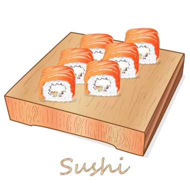 Somon, karides, avokado, krem peynir rulo suşi Illustration. Sushi menüsü. Japon yemekleri üzerine beyaz izole.