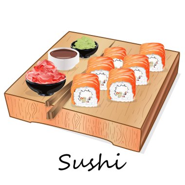 Somon, karides, avokado, krem peynir rulo suşi Illustration. Sushi menüsü. Japon yemekleri üzerine beyaz izole.