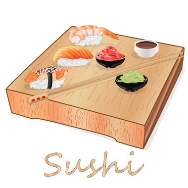 Somon, karides, avokado, krem peynir rulo suşi Illustration. Sushi menüsü. Japon yemekleri üzerine beyaz izole.