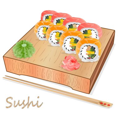 Somon, karides, avokado, krem peynir rulo suşi Illustration. Sushi menüsü. Japon yemekleri üzerine beyaz izole.