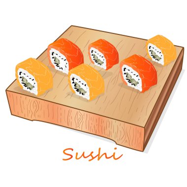 Somon, karides, avokado, krem peynir rulo suşi Illustration. Sushi menüsü. Japon yemekleri üzerine beyaz izole.