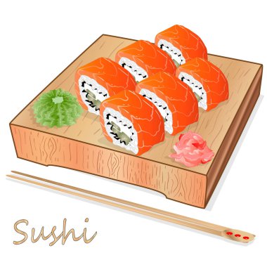 Somon, karides, avokado, krem peynir rulo suşi Illustration. Sushi menüsü. Japon yemekleri üzerine beyaz izole.