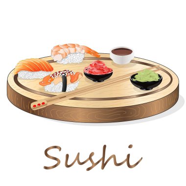 Somon, karides, avokado, krem peynir rulo suşi Illustration. Sushi menüsü. Japon yemekleri üzerine beyaz izole.