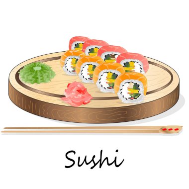Somon, karides, avokado, krem peynir rulo suşi Illustration. Sushi menüsü. Japon yemekleri üzerine beyaz izole.