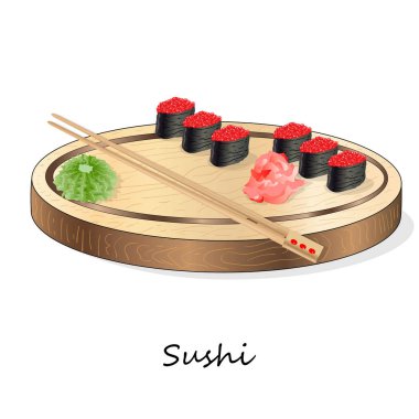 Somon, karides, avokado, krem peynir rulo suşi Illustration. Sushi menüsü. Japon yemekleri üzerine beyaz izole.