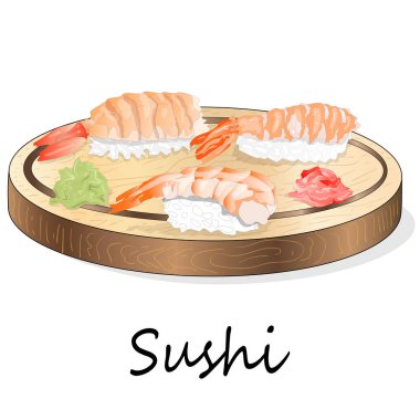Somon, karides, avokado, krem peynir rulo suşi Illustration. Sushi menüsü. Japon yemekleri üzerine beyaz izole.