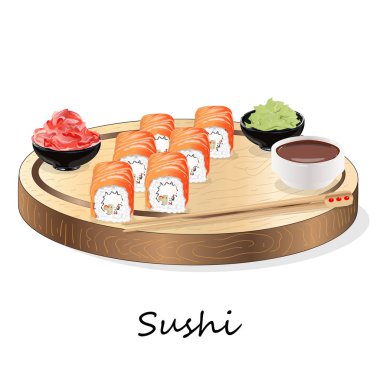 Somon, karides, avokado, krem peynir rulo suşi Illustration. Sushi menüsü. Japon yemekleri üzerine beyaz izole.