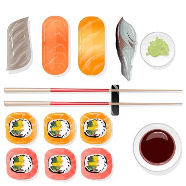 Nigiri suşi illüstrasyon izole beyaz arka plan üzerinde. Üstten görünüm.