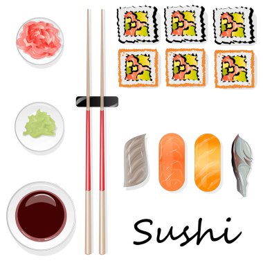 Nigiri suşi illüstrasyon izole beyaz arka plan üzerinde. Üstten görünüm.