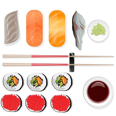 Nigiri suşi illüstrasyon izole beyaz arka plan üzerinde. Üstten görünüm.