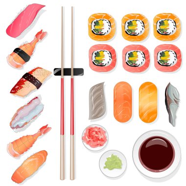 Nigiri suşi illüstrasyon izole beyaz arka plan üzerinde. Üstten görünüm.