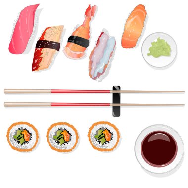 Nigiri suşi illüstrasyon izole beyaz arka plan üzerinde. Üstten görünüm.