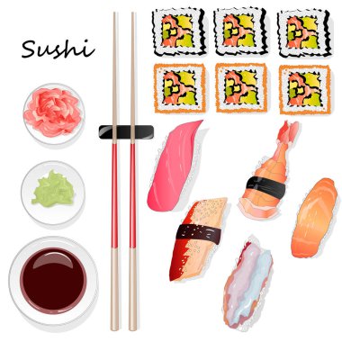 Nigiri suşi illüstrasyon izole beyaz arka plan üzerinde. Üstten görünüm.