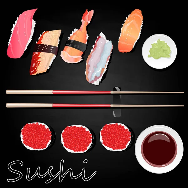 Nigiri Sushi Illustration Svart Bakgrund Isolerade Ovanifrån — Stock vektor