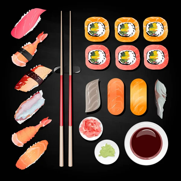 Nigiri Sushi Illustration Svart Bakgrund Isolerade Ovanifrån — Stock vektor