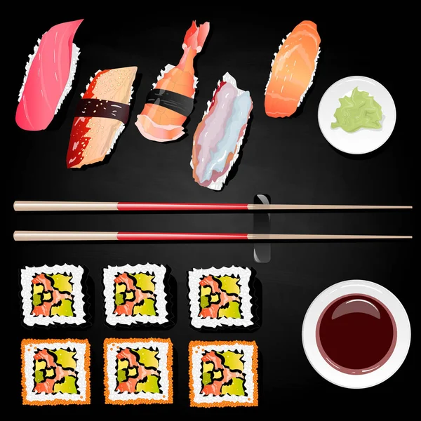 Nigiri Sushi Ilustração Sobre Fundo Preto Isolado Vista Superior — Vetor de Stock