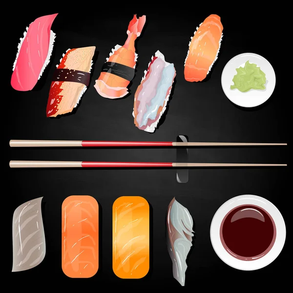 Nigiri Sushi Illustration Black Background Isolated Top View — Stock Vector