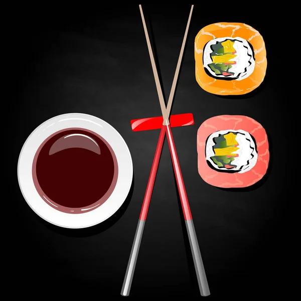 Nigiri suşi illüstrasyon izole siyah arka plan üzerine. Üstten görünüm.