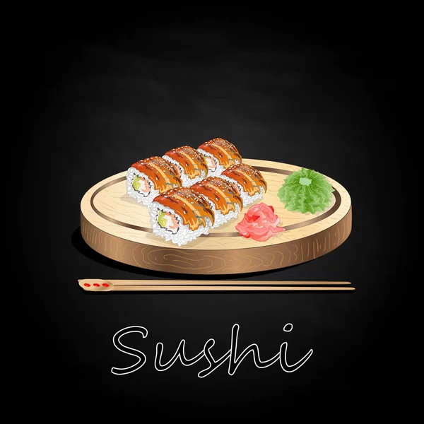 Varios Tipos Sushi Servidos Sobre Escritorio Madera Fondo Negro Aislado — Vector de stock