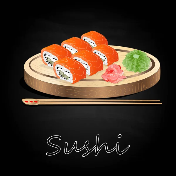 Varios Tipos Sushi Servidos Sobre Escritorio Madera Fondo Negro Aislado — Vector de stock