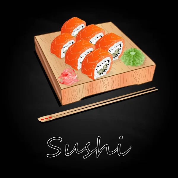 Various Kinds Sushi Served Wood Desk Black Background Isolated — Stock Vector