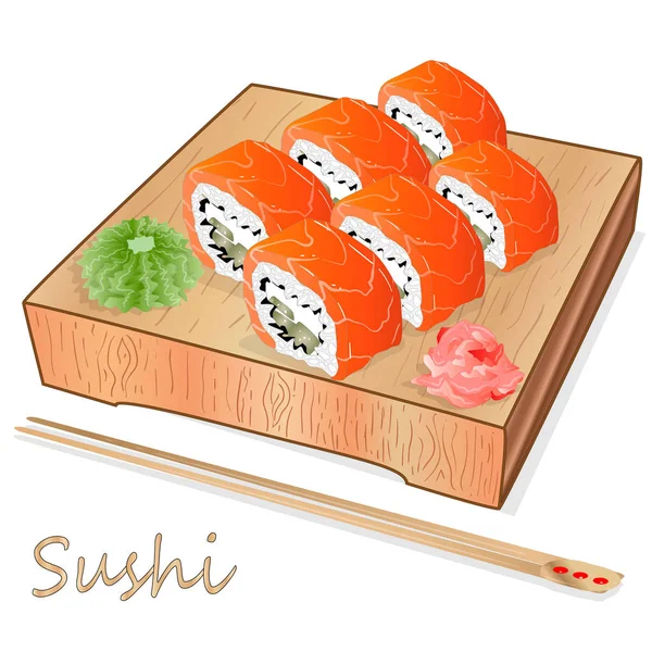 Ilustración Sushi Rollo Con Salmón Gambas Aguacate Queso Crema Menú — Vector de stock