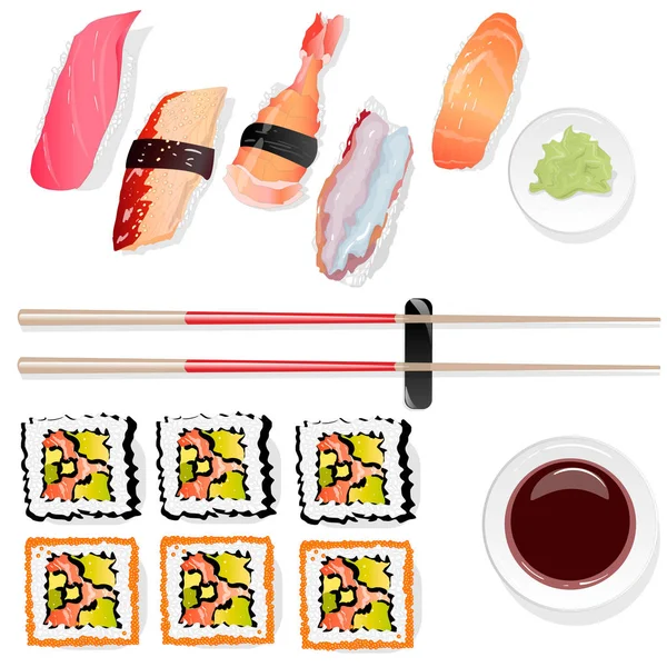 Illustrazione Nigiri Sushi Sfondo Bianco Isolato Vista Dall Alto — Vettoriale Stock