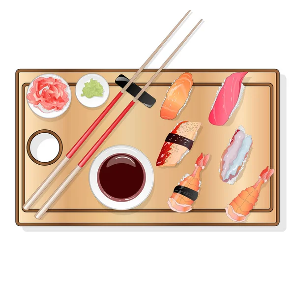 Nigiri Sush Seti Ilustración Aislada Vista Superior — Vector de stock