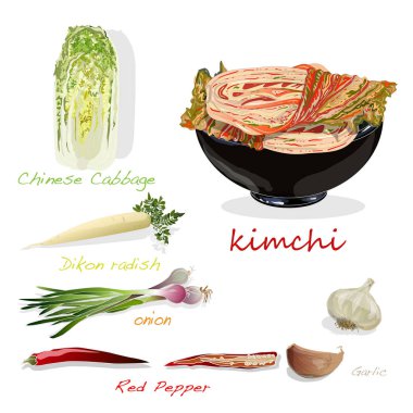 Kimchi, geleneksel Kore yemeği. Resimde beyaz. Malzemeler