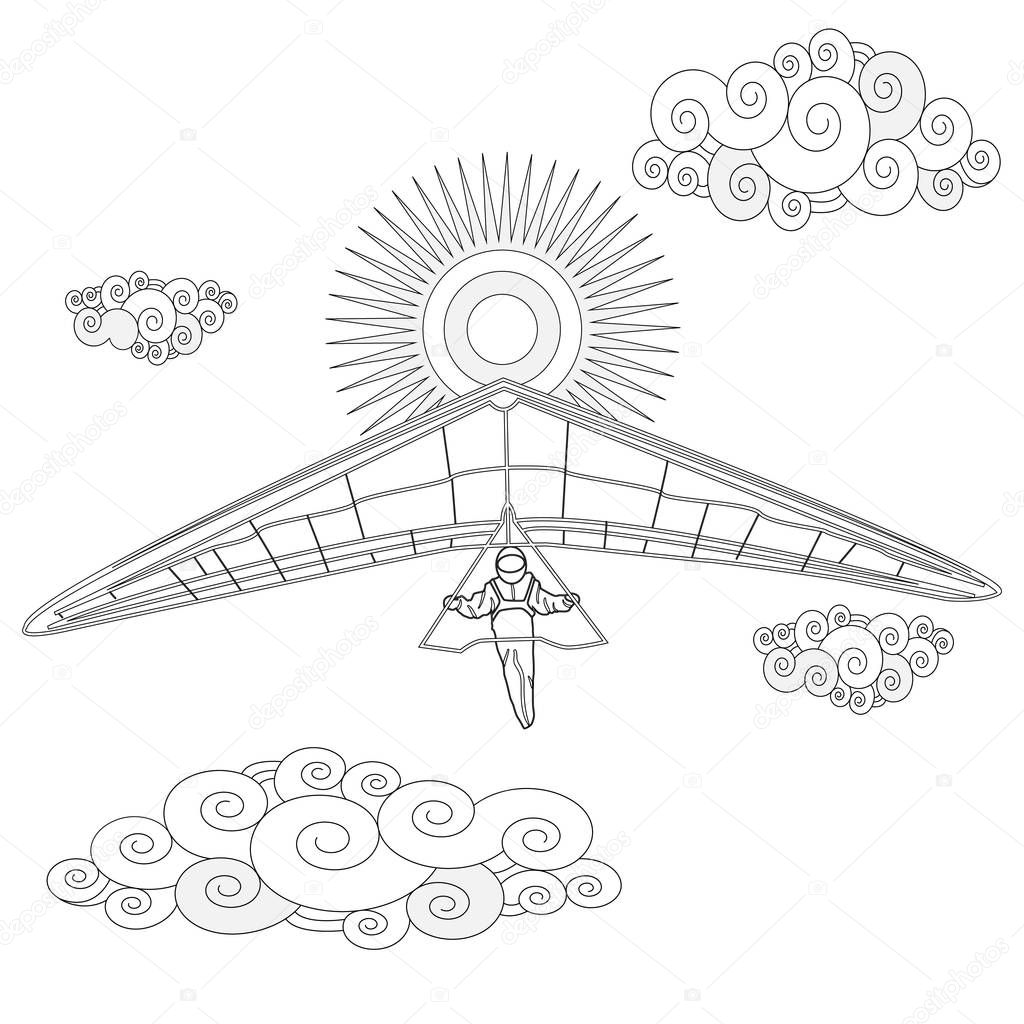 Glider. Coloring image of glider in the sky. Vector illustration.