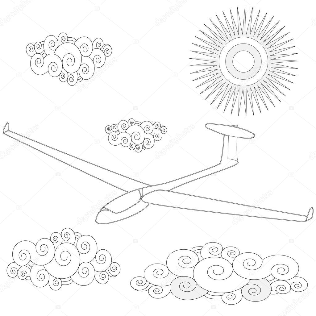 Glider. Coloring image of glider in the sky. Vector illustration.