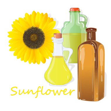 Beyaz illüstrasyon sette izole ayçiçek yağı şişe