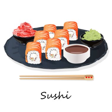 Somon, karides, avokado, krem peynir rulo suşi Illustration. Sushi menüsü. Japon yemekleri üzerine beyaz izole.