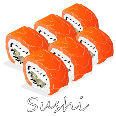 Philadelphia rulo suşi somon, karides, avokado, krem peynir ile Illustration. Sushi menüsü. Japon yemekleri üzerine beyaz izole