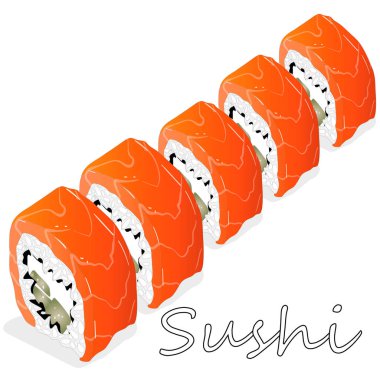 Philadelphia rulo suşi somon, karides, avokado, krem peynir ile Illustration. Sushi menüsü. Japon yemekleri üzerine beyaz izole