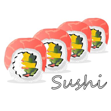 Philadelphia rulo suşi somon, karides, avokado, krem peynir ile Illustration. Sushi menüsü. Japon yemekleri üzerine beyaz izole