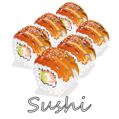 Philadelphia rulo suşi somon, karides, avokado, krem peynir ile Illustration. Sushi menüsü. Japon yemekleri üzerine beyaz izole