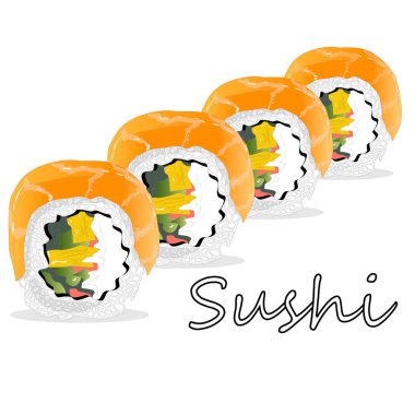 Philadelphia rulo suşi somon, karides, avokado, krem peynir ile Illustration. Sushi menüsü. Japon yemekleri üzerine beyaz izole