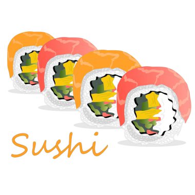 Philadelphia rulo suşi somon, karides, avokado, krem peynir ile Illustration. Sushi menüsü. Japon yemekleri üzerine beyaz izole