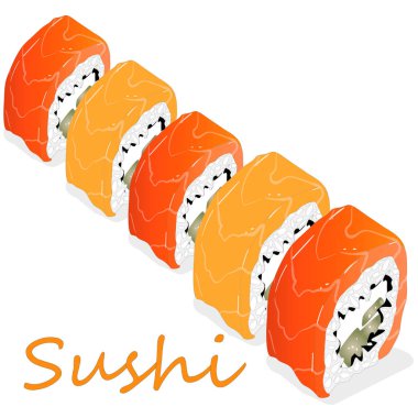Philadelphia rulo suşi somon, karides, avokado, krem peynir ile Illustration. Sushi menüsü. Japon yemekleri üzerine beyaz izole