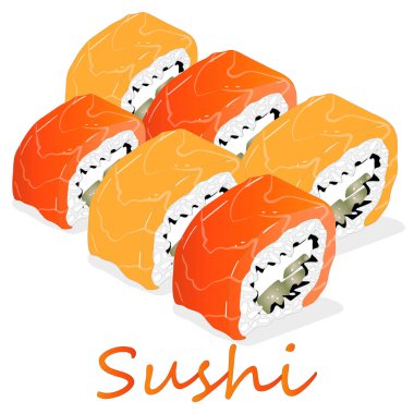 Philadelphia rulo suşi somon, karides, avokado, krem peynir ile Illustration. Sushi menüsü. Japon yemekleri üzerine beyaz izole