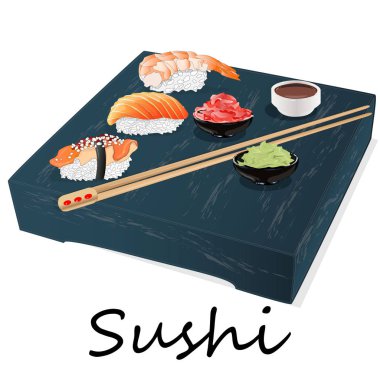 Somon, karides, avokado, krem peynir rulo suşi Illustration. Sushi menüsü. Japon yemekleri üzerine beyaz izole.