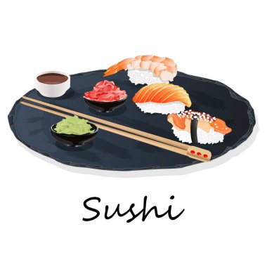 Somon, karides, avokado, krem peynir rulo suşi Illustration. Sushi menüsü. Japon yemekleri üzerine beyaz izole.
